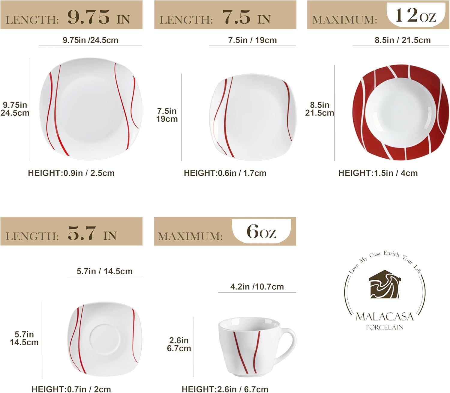 MALACASA Series Felisa – Juego de vajilla cuadrada, 60 piezas de platos y cuencos de porcelana para 12, juego de platos grises y blancos con plato