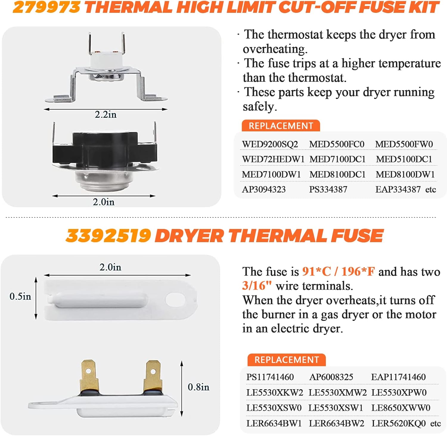 W11344457 3387747 AP6008281 Heating Element Assembly & 279816 Thermostat Kit & 279973 3392519 Thermal Fuse by Beaquicy – Fit for Ken-more Whirl-pool