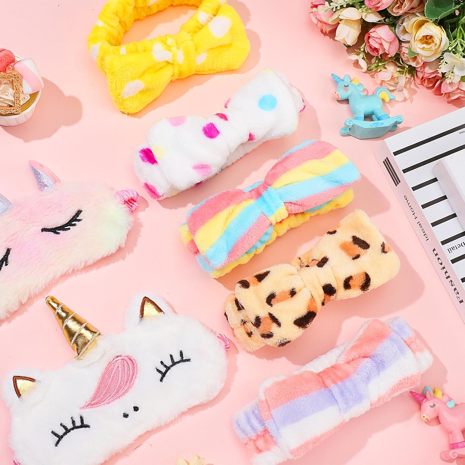 24 piezas de pijamas incluyen 12 máscaras de ojos de unicornio y 12 diademas para el pelo con pajarita para lavar la cara, máscara de dormir,