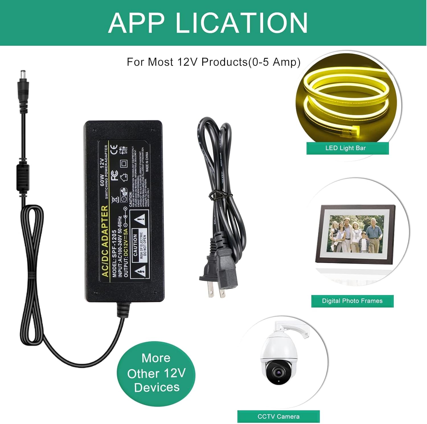 Meijiajia Tira de LED de 12V 5A, salida de 120V CA a 12V DC para luz LED de cuerda de neón