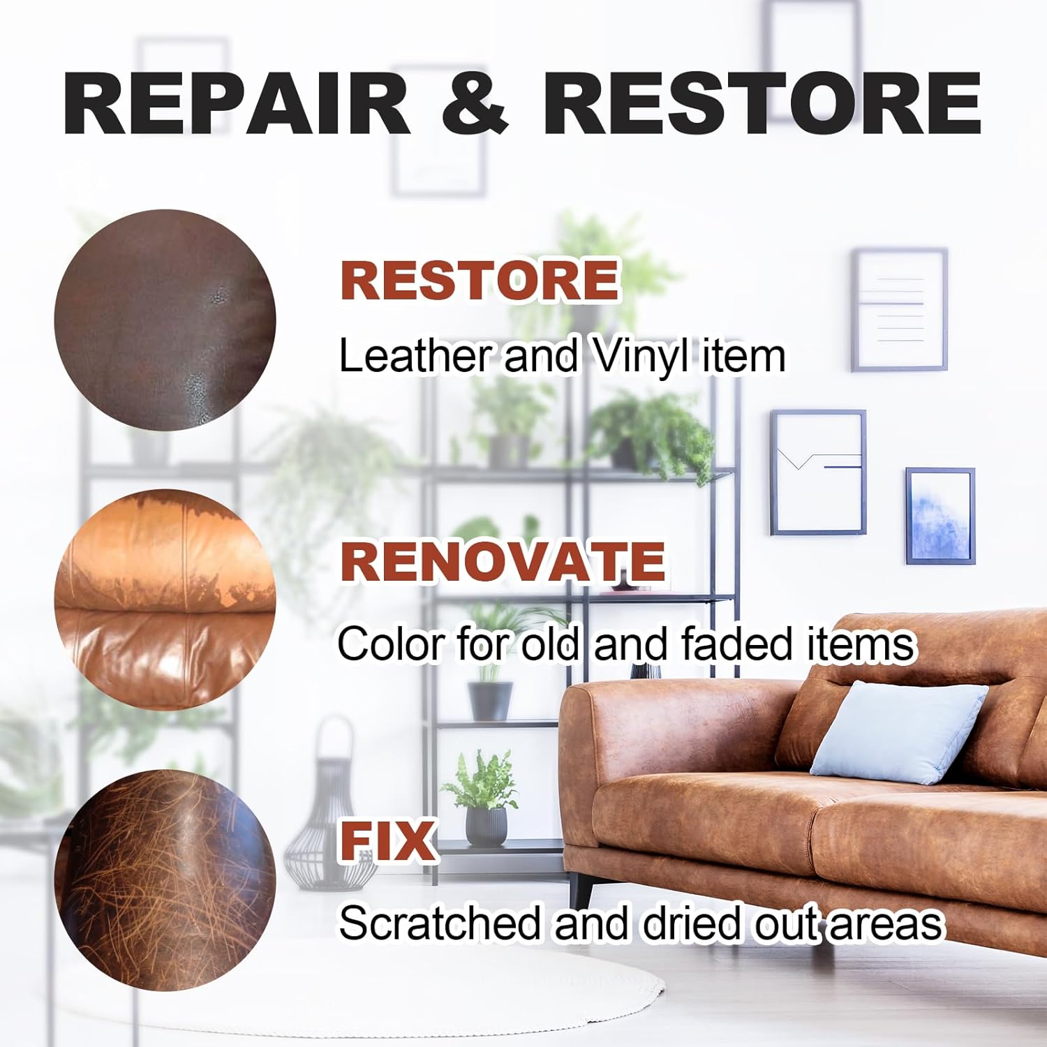 Kit de restauración de cuero  Incluye bálsamo para colorear cuero, limpiador de cuero, crema protectora, esponja y paño  Restaura y reparaciones