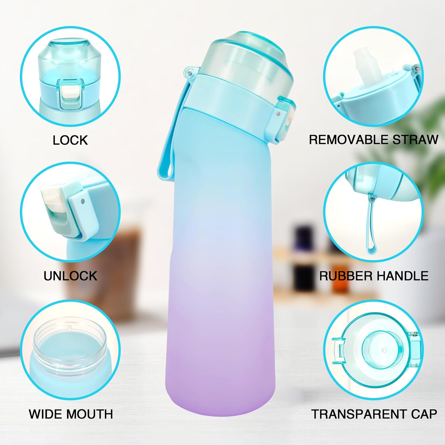 Botella de agua de aire, taza de agua con aroma de 25.4 onzas fluidas con 7 cápsulas de sabor, taza de agua deportiva a prueba de fugas con pajilla,