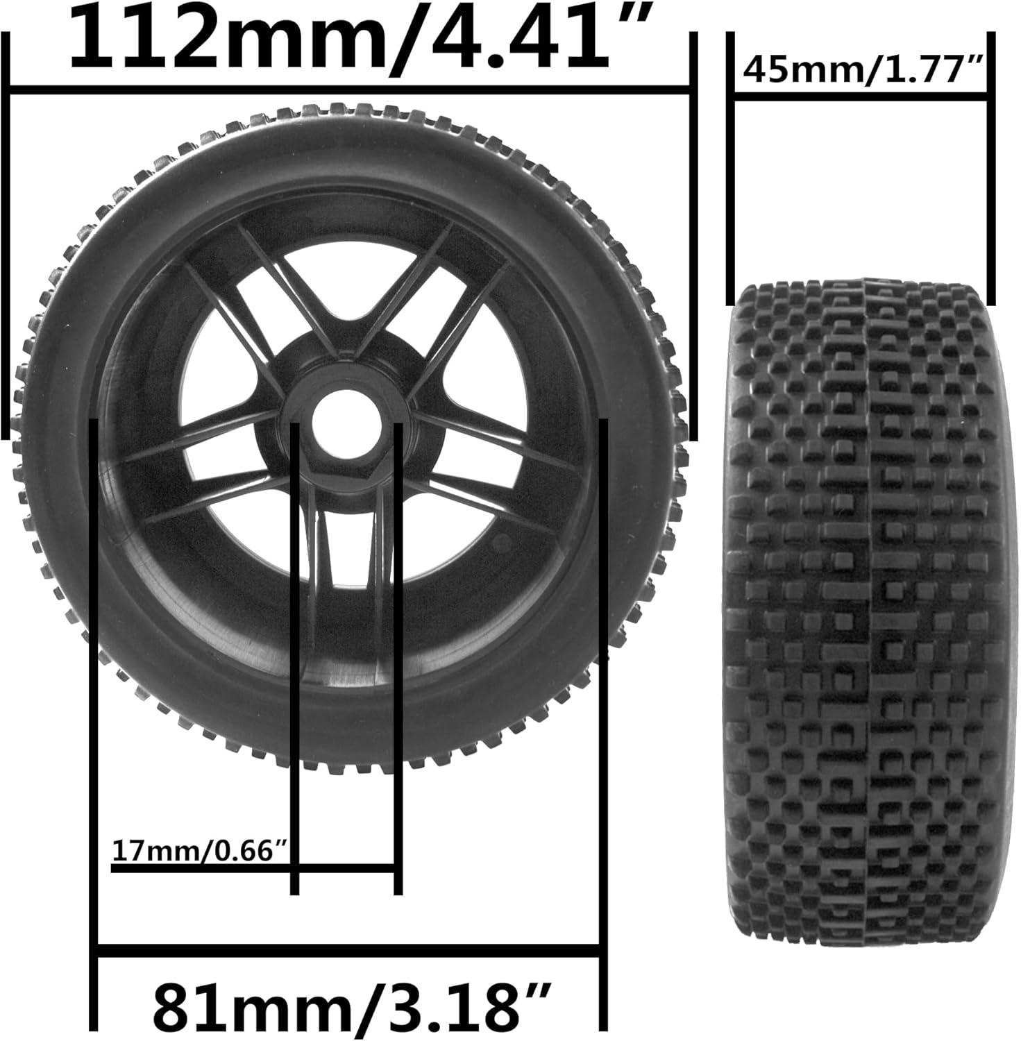 ShareGoo OD 4.4 pulgadas 18 neumáticos para buggy, llantas hexagonales de 0.67 pulgadas y neumáticos de goma compatibles con Redcat Teamc Losi HPI