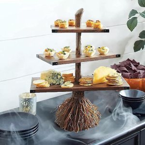 Mesa de postre de decoración de Halloween, adornos de resina para manualidades, soporte de 3 niveles, con forma de escoba, cesta creativa para Mesa de postre de decoración de Halloween, adornos de resina para manualidades, soporte de 3 niveles, con forma de escoba, cesta creativa para