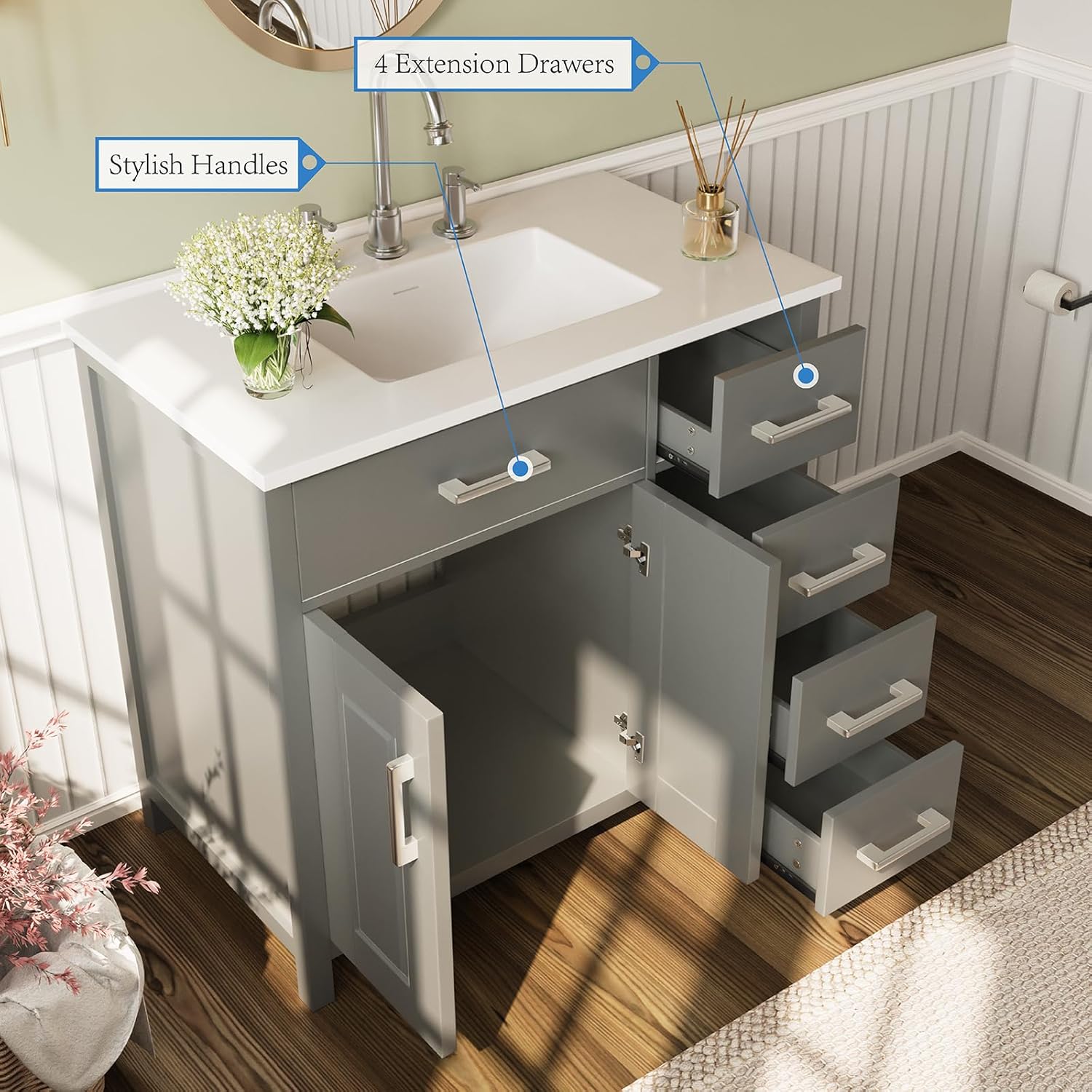 Combinación de tocador de baño de 36 pulgadas con lavabo, moderno juego de gabinete de baño individual pequeño con montaje inferior, incluye