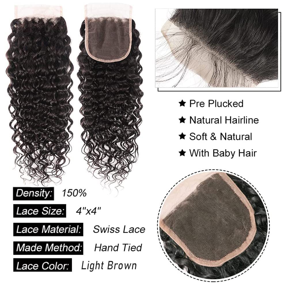 Paquetes de cabello ondulado con cierre, 100% cabello virgen brasileño sin procesar, 3 paquetes con cierre de encaje 4×4 con parte libre de pelo de