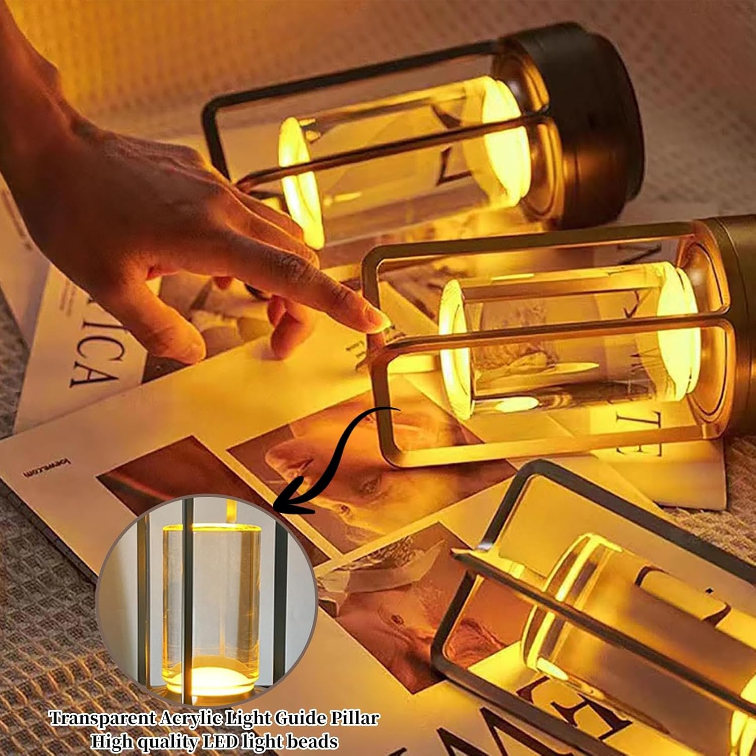 Lumisom – Lámpara de cristal Lumisom, lámpara de mesa inalámbrica recargable, control táctil de 3 colores, atenuación continua para restaurante,