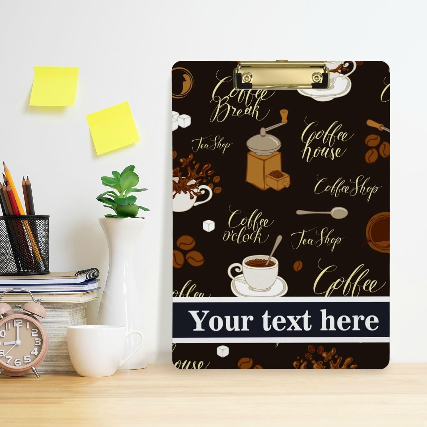 Portapapeles de plástico personalizado para té, café, tamaño carta estándar, cartón personalizado con clip de metal de perfil bajo para colgar,