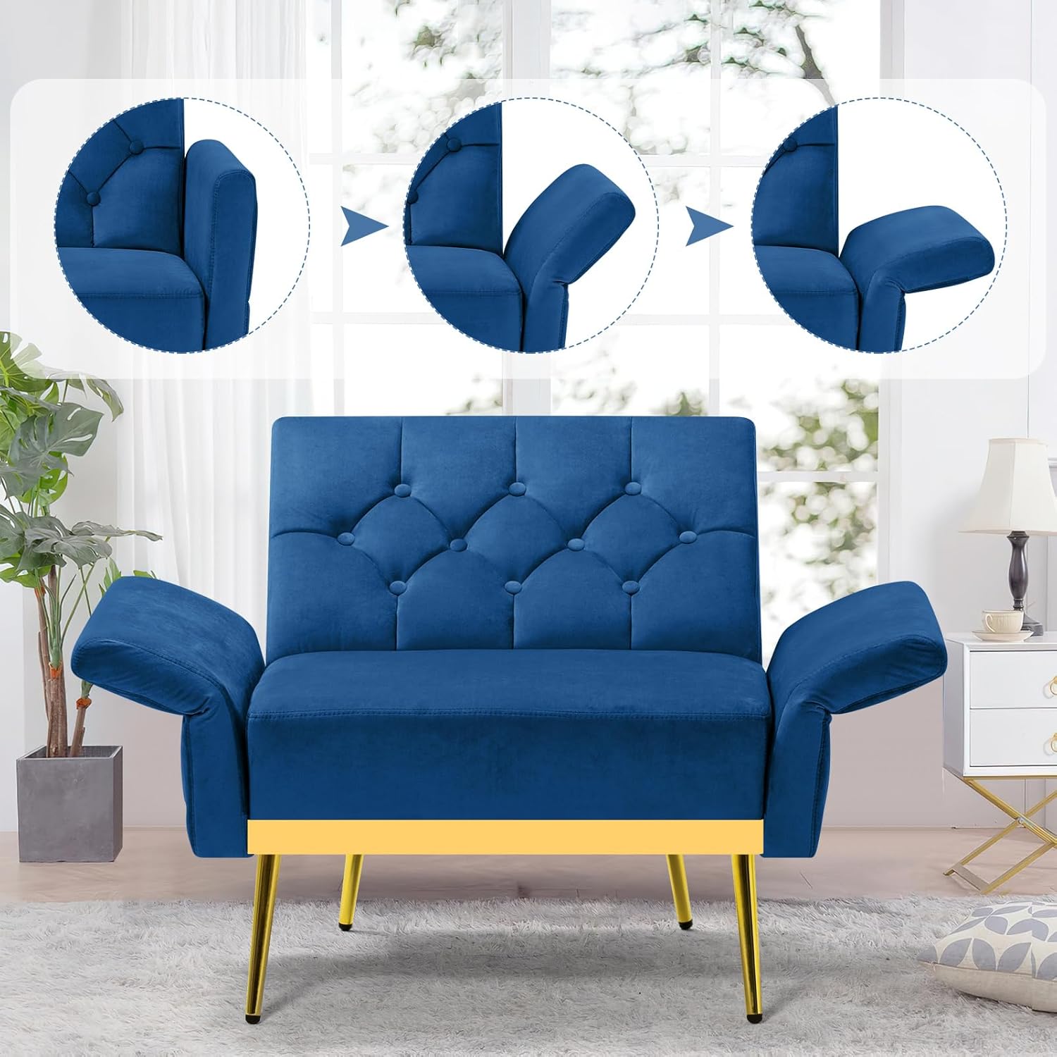 ACMEASE Silla decorativa de terciopelo con reposabrazos y respaldos ajustables, sofá individual copetudo con otomana, Chiar de lectura tapizado para