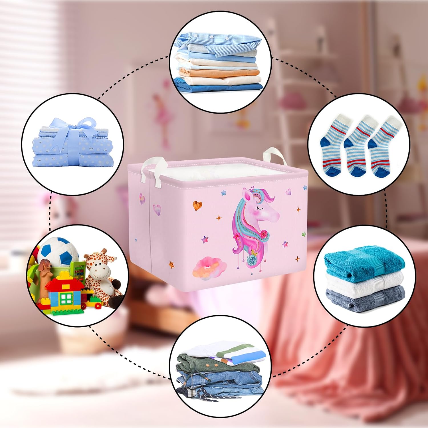 Clastyle Adorable cesta rectangular con diseño de unicornio rosa, estrella de nube, corazón, ropa, libros, cubo de almacenamiento de juguetes, 36L