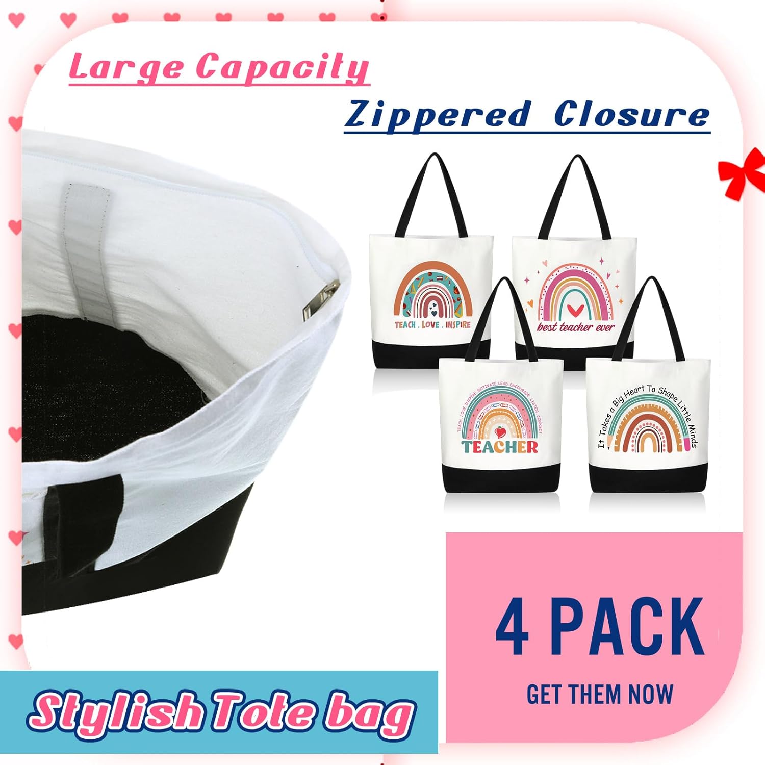 Mixweer 4 bolsas de lona para profesores, regalos de agradecimiento para profesores, bolsas de regalo para mujeres, regalos de Navidad, suministros