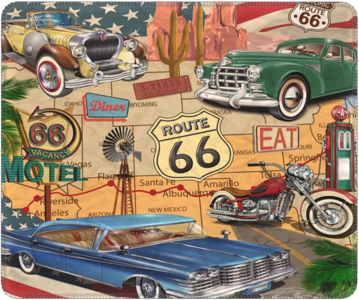 Alfombrilla para mouse con temática de auto clásico americano vintage Route 66, antideslizante, para portátiles, oficina, computadora, mouse pad,