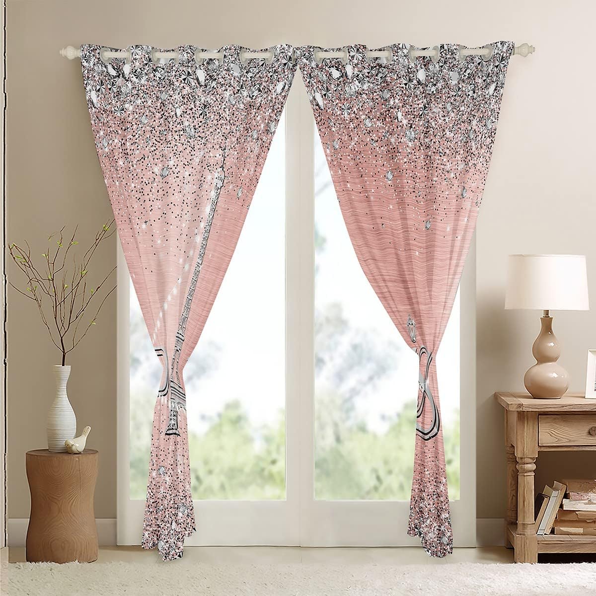 Cortinas femeninas de la Torre Eiffel de 42 x 84 pulgadas, cortinas opacas con purpurina para mujer, cortinas románticas de diamante degradado rosa