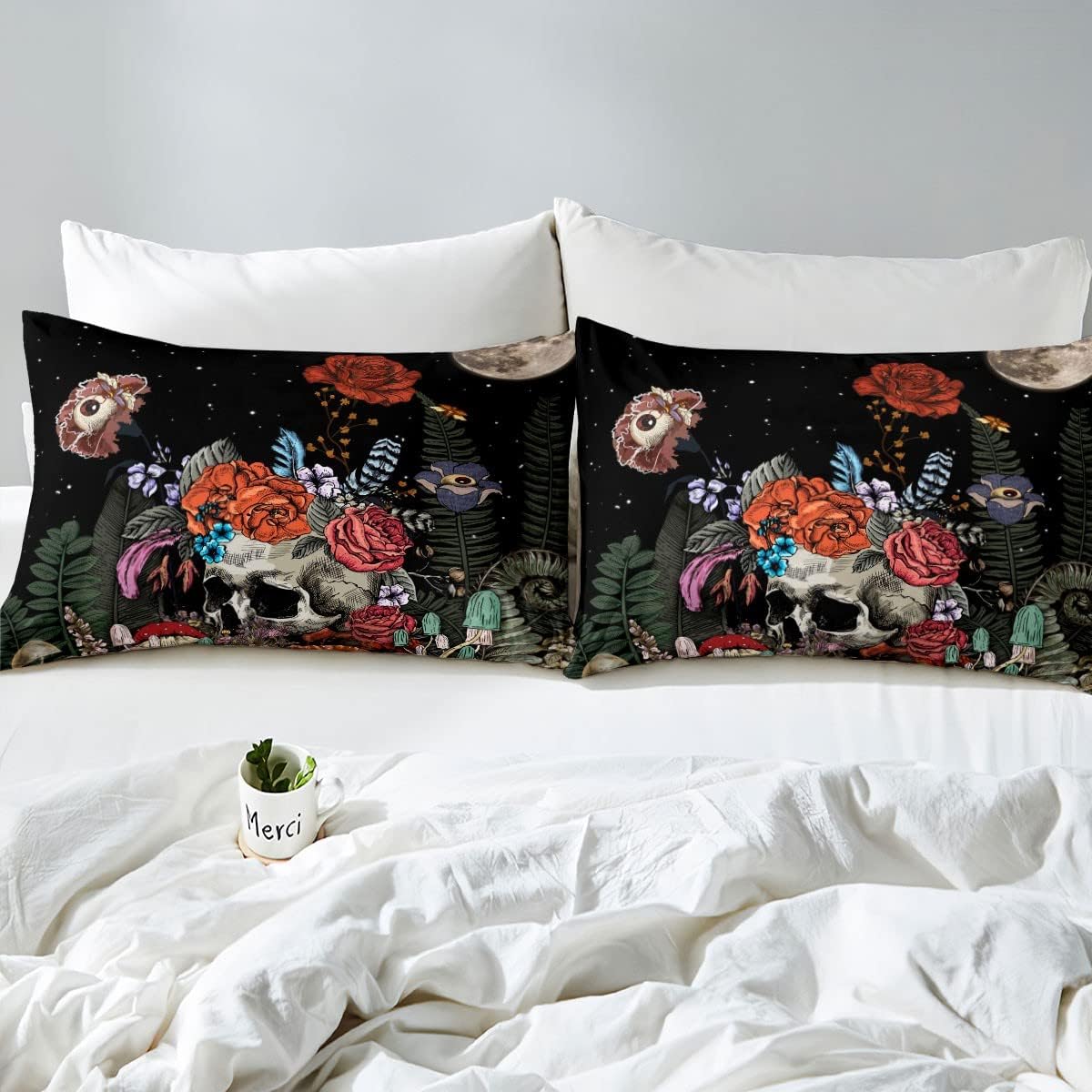 Erosebridal Juego de ropa de cama de calavera de azúcar, funda de edredón de flores botánicas para niños y niñas, decoración del hogar, funda de