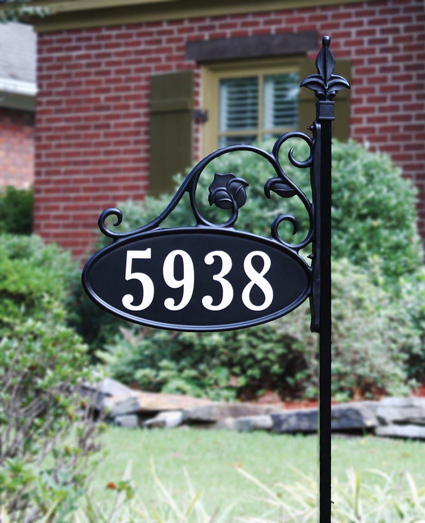 Letrero de dirección de casa 911 hecho a mano de Estados Unidos para patio, placa de dirección hecha a medida, aspecto de hierro forjado (poste de