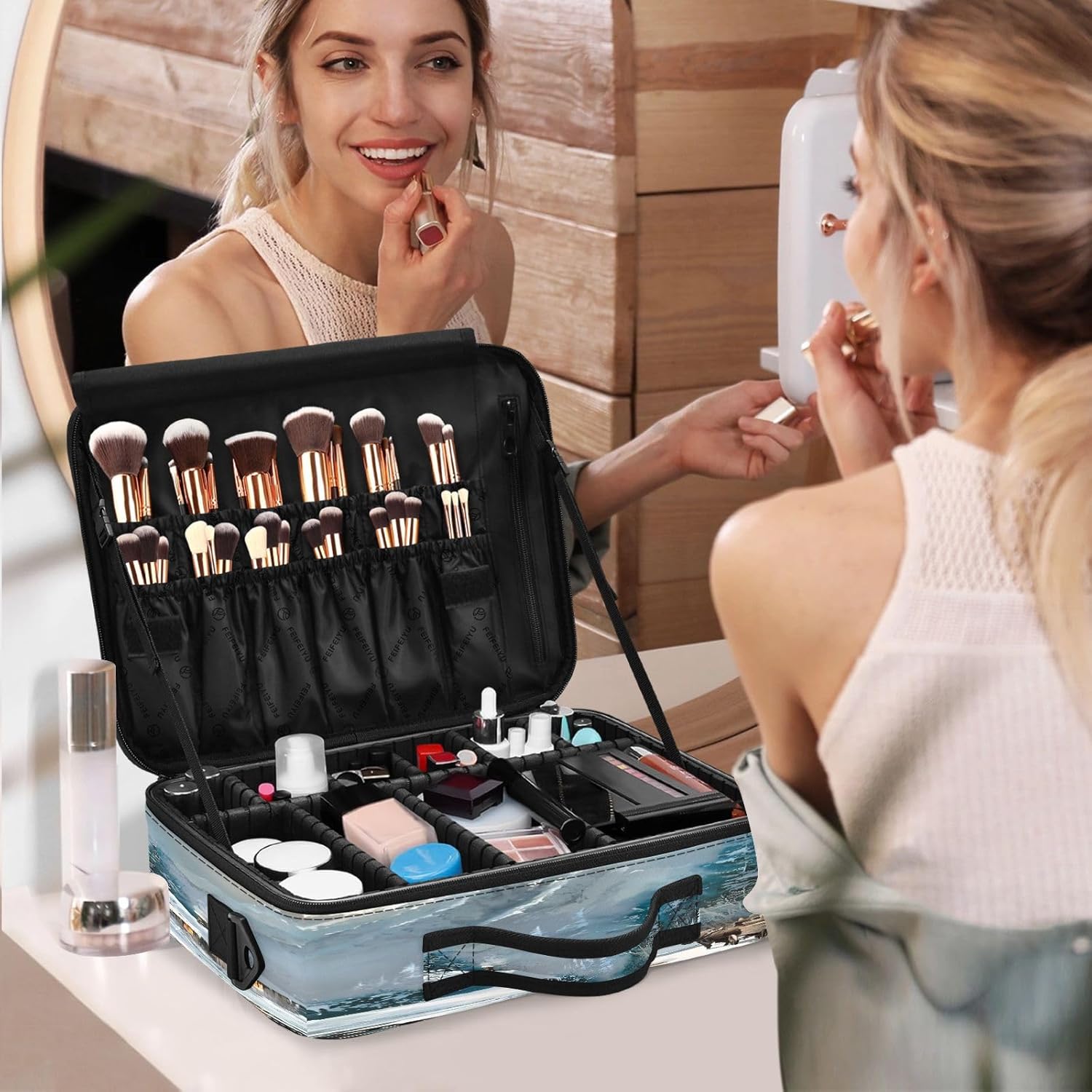 White Snowy Countryside zip cosmetic bag bags for traveling opening makeup bag portable makeup bag estuche maquillaje para ninas for women girl teen