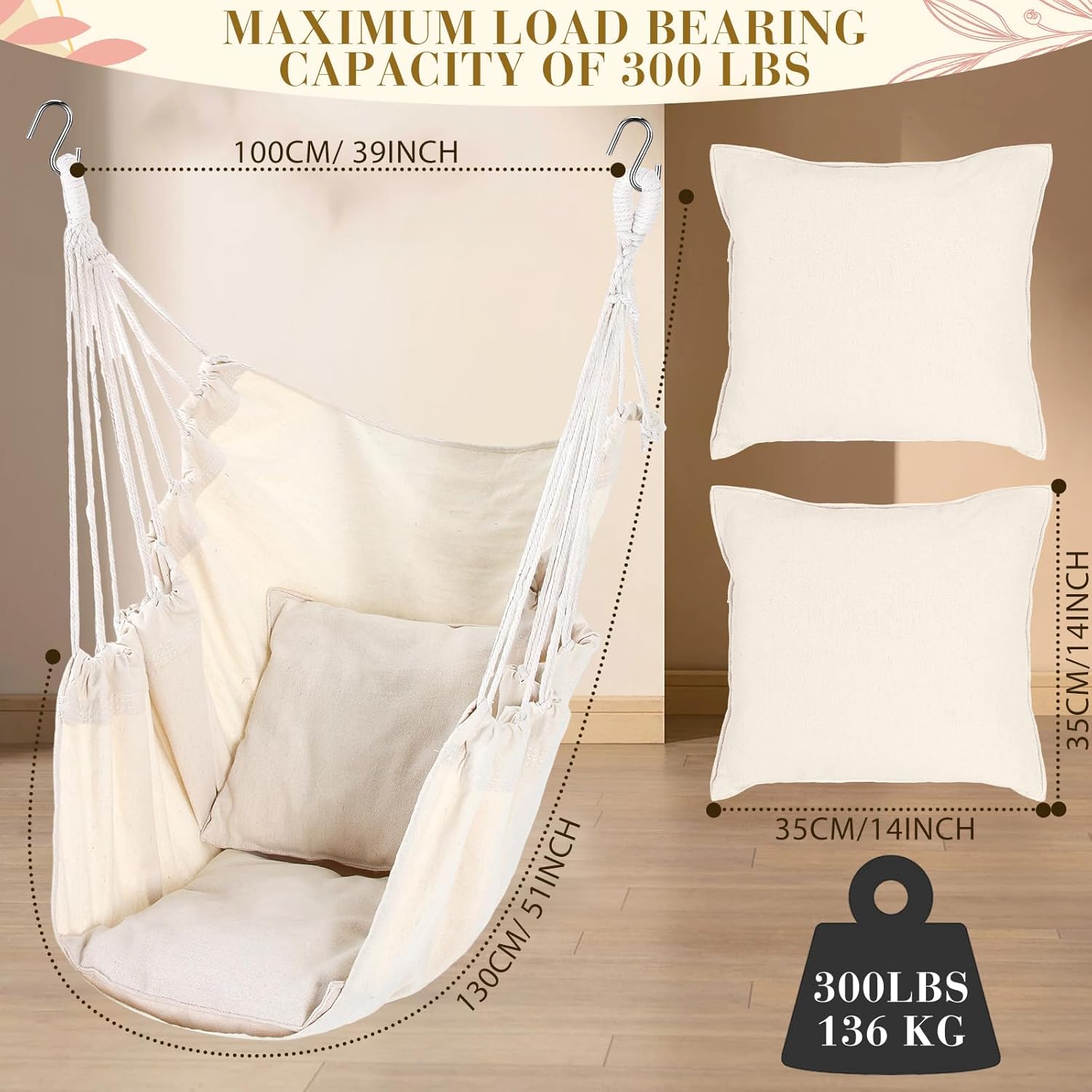 2 piezas hamaca colgante cuerda columpio grande silla colgante máximo 300 libras silla columpio hamaca cojín de asiento incluido para interiores y