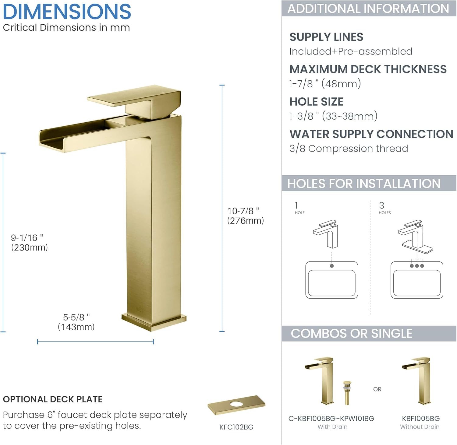 KIBI Grifo de recipiente de una sola manija para lavabo de baño  Caño de latón macizo de arco alto (oro cepillado) (KBF1005) (drenaje desplegable