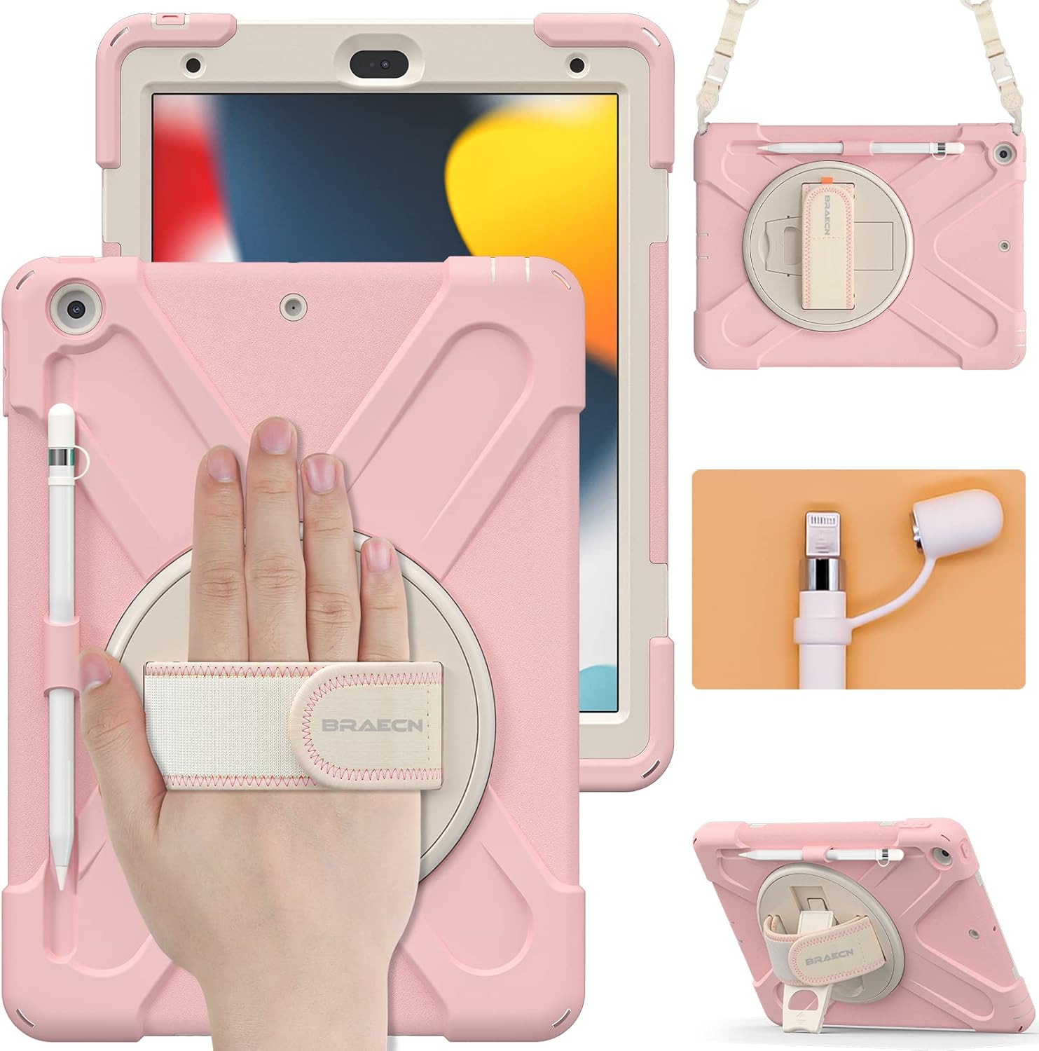 BRAECN Funda para iPad de 10.2 pulgadas 202120202019, funda híbrida de tres capas para niños y niñas, con correa para el hombro, correa de mano,