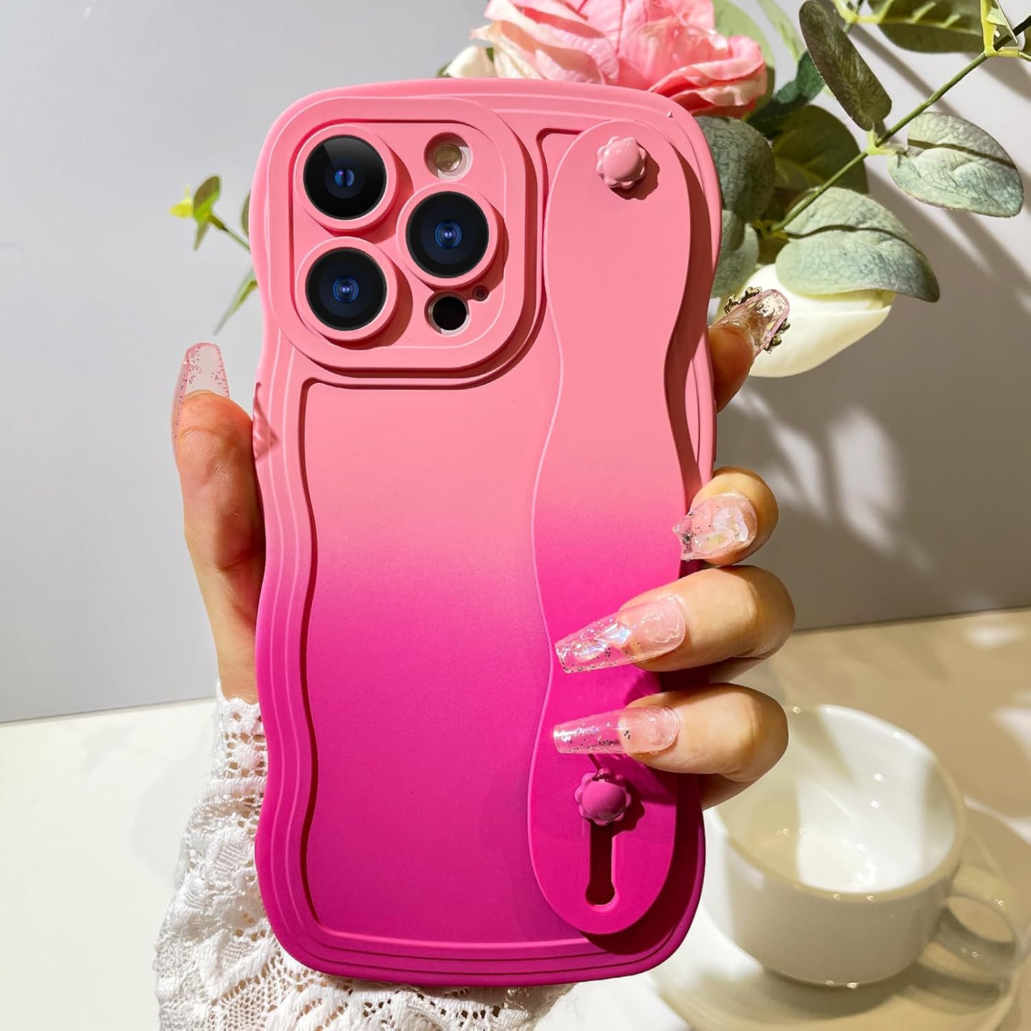 OOK Bonita funda con forma de marco ondulado rizado para iPhone 14 Pro Max con soporte de pulsera ajustable silicona suave a prueba de golpes,