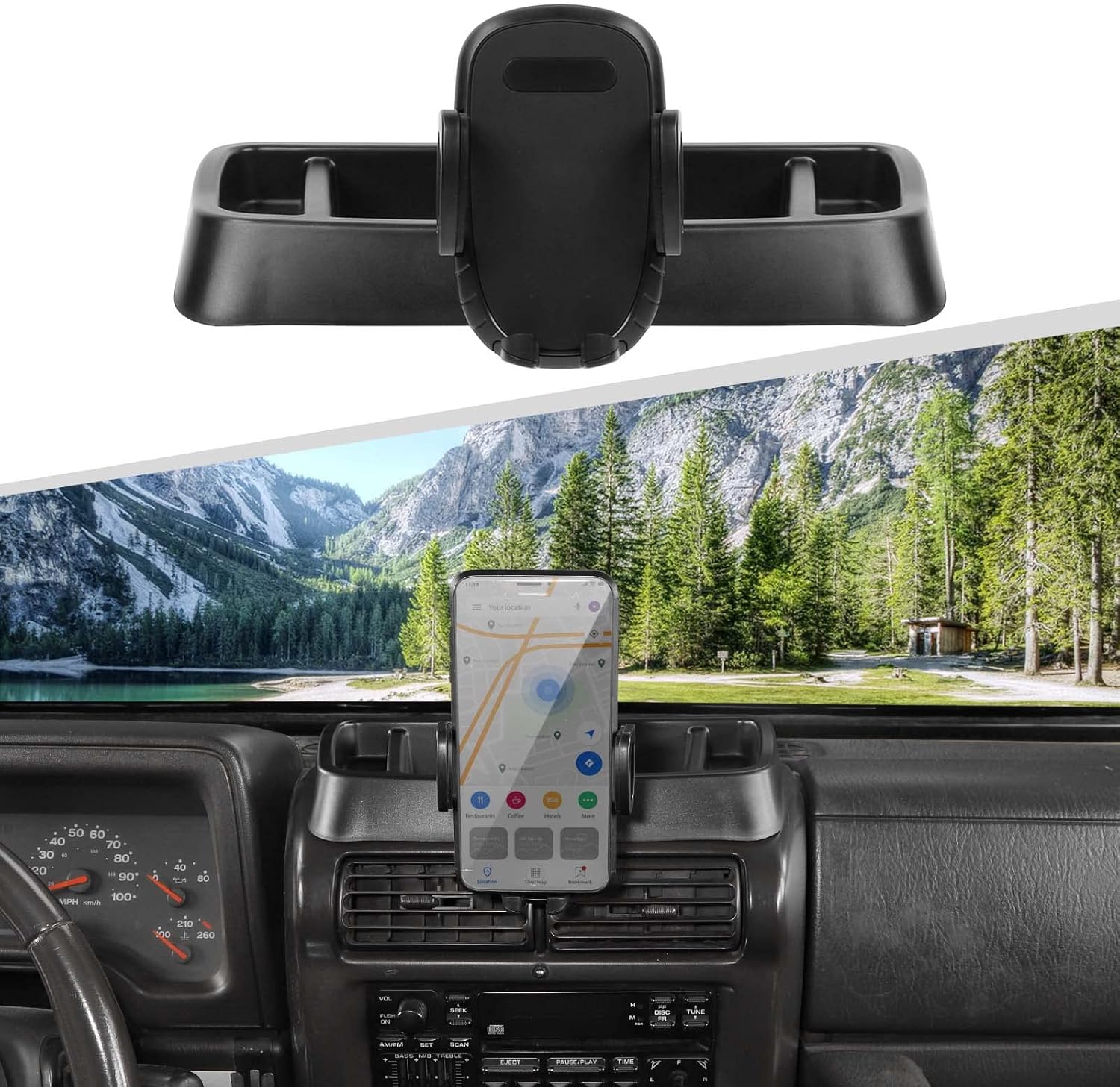 JWWY Soporte de teléfono para Jeep TJ con bandeja de almacenamiento compatible con accesorios Jeep Wrangler TJ 1997-2006, color negro
