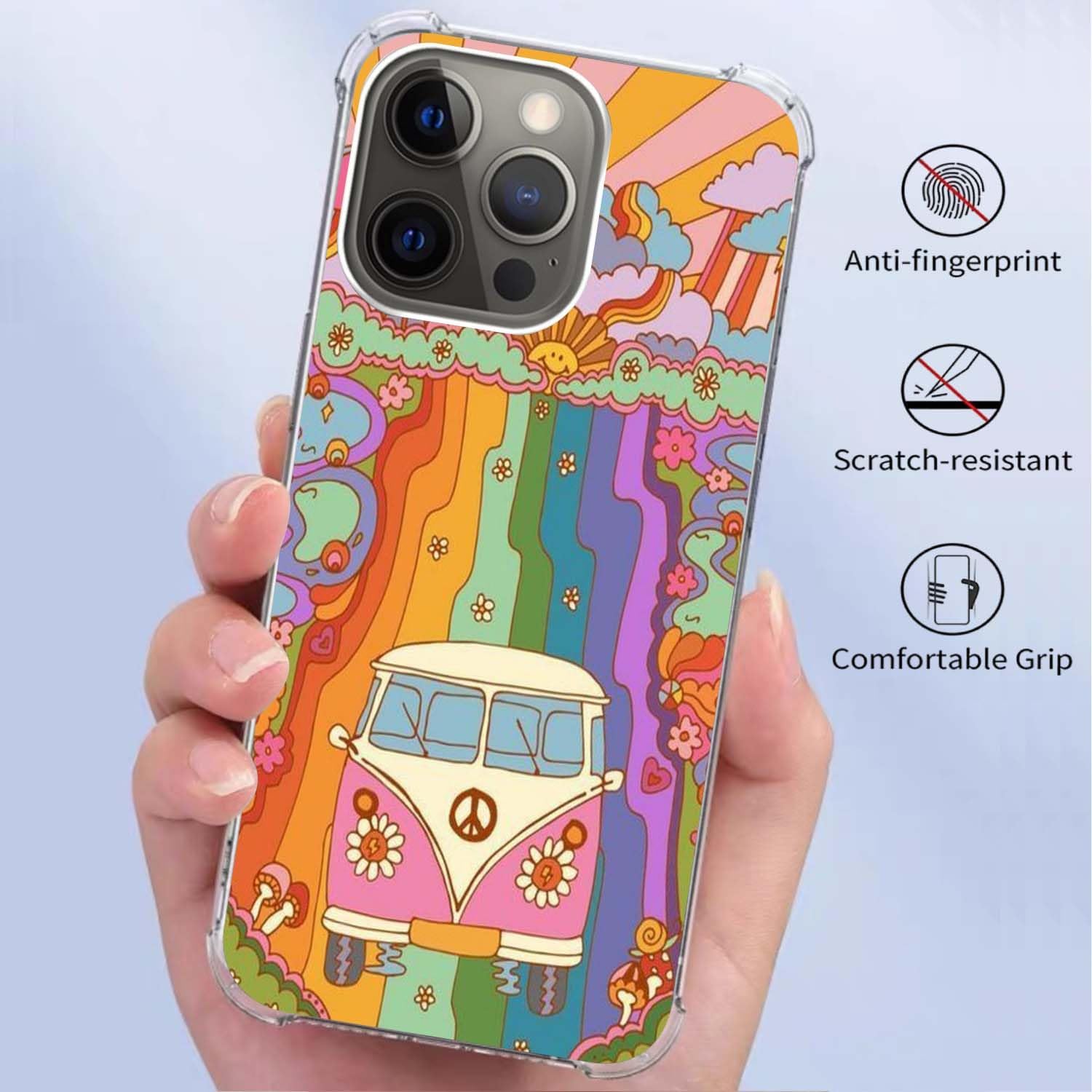 Funda de teléfono retro de los años 70 con diseño de flores, arcoíris y rayos de sol, compatible con iPhone 15 Pro Max, funda de autobús con signo