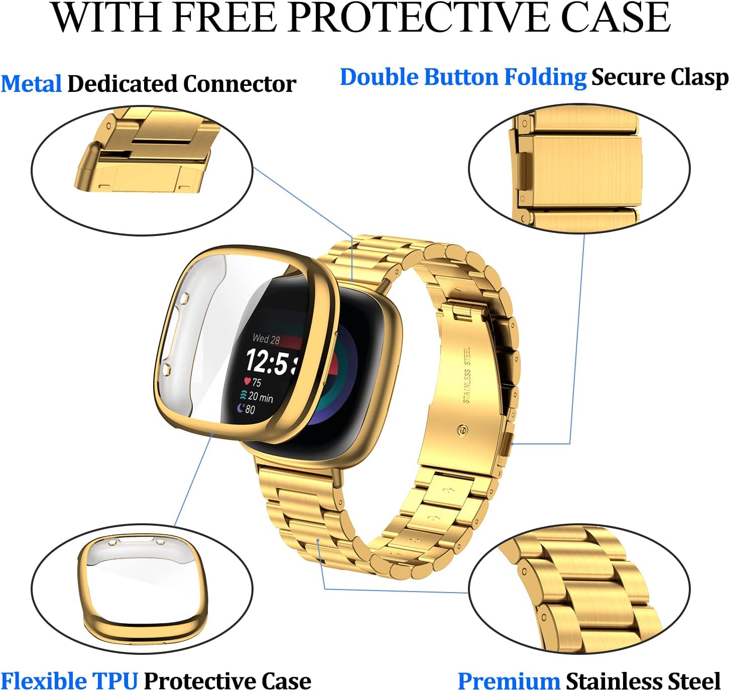 ZPJPPLX Correa de acero inoxidable sólido para Fitbit Versa 4Sense 2 con funda de reloj, correas de repuesto de metal Versa 3Sense y funda