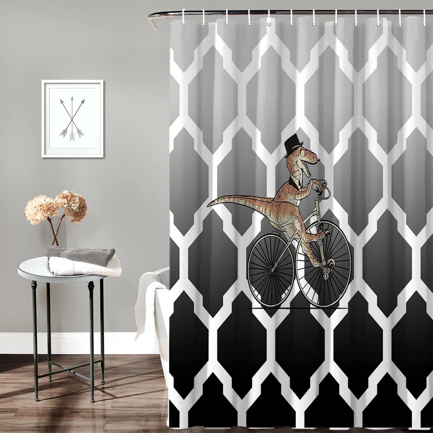 Vandarllin Divertida cortina de ducha con diseño geométrico de dinosaurio para bicicleta, juego de cortinas de ducha para niños, con ganchos, tela