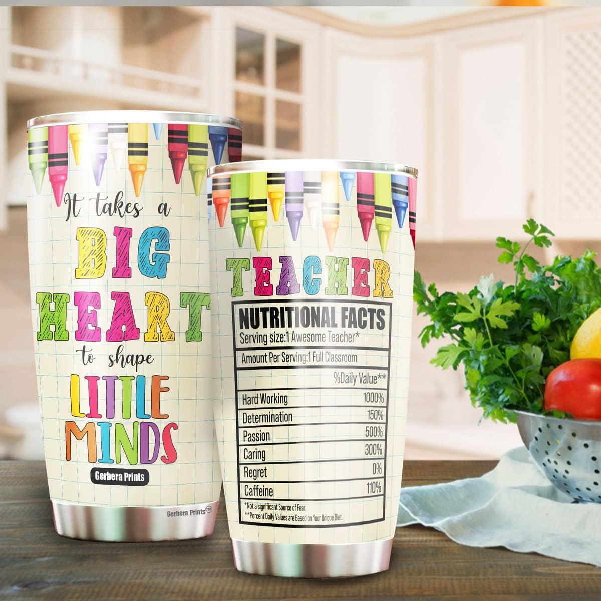 TC-HA0030 – Vaso para profesores de 20 onzas, con texto en inglés “It Takes A Big Heart To Shape Little Minds”, taza de información nutricional para