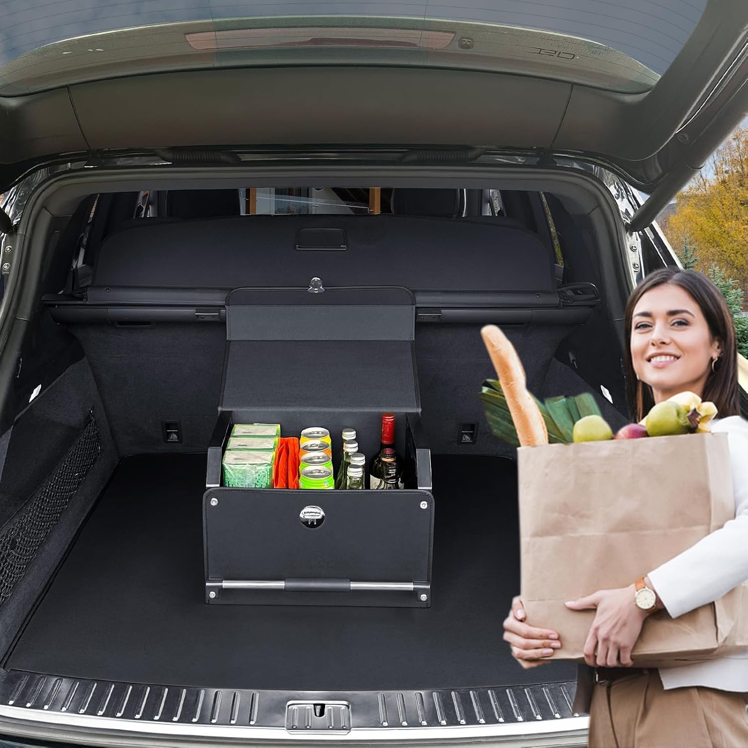 XCF Organizador de maletero de automóvil, organizador de maletero de cuero plegable duradero con tapa y asa resistente, organizadores portátiles de