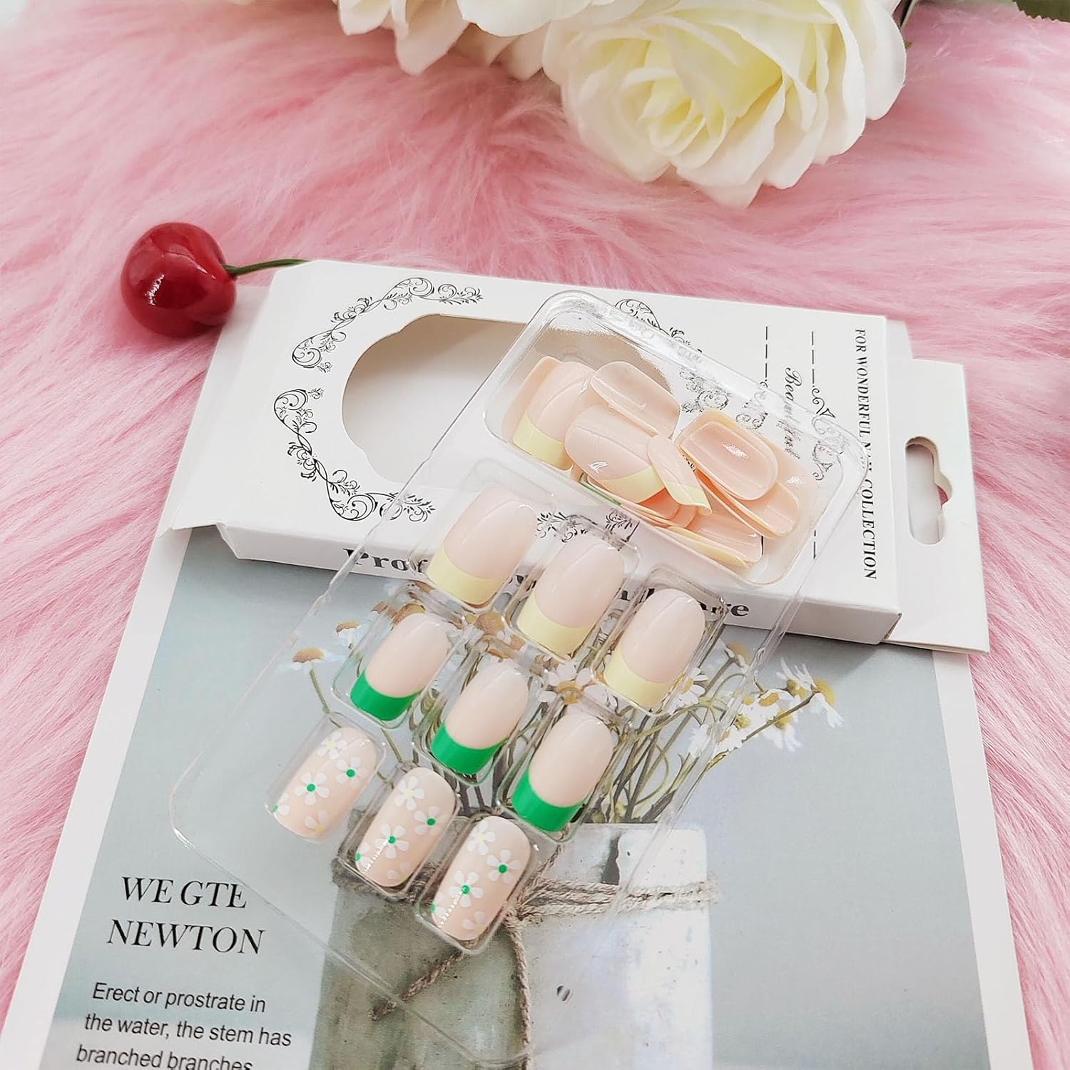 Uñas postizas cuadradas a presión, cortas, amarillas y verdes, uñas postizas acrílicas con diseños de flores blancas, uñas artificiales a presión,