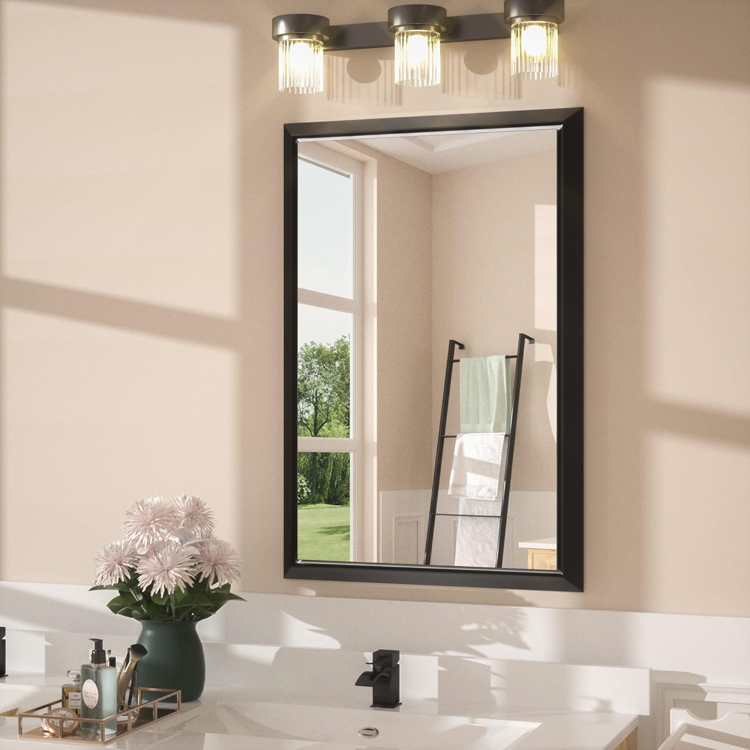 Espejo de baño negro para sobre fregadero 36 x 24 pulgadas, moderno espejo de tocador de granja, espejo de pared enmarcado con marco de metal
