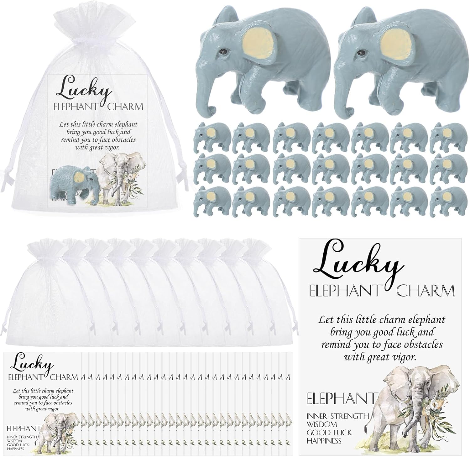 24 juegos de regalos de buena suerte, dijes de elefante pequeño con tarjeta de historia y bolsas de regalo, 24 figuras de elefante en miniatura de