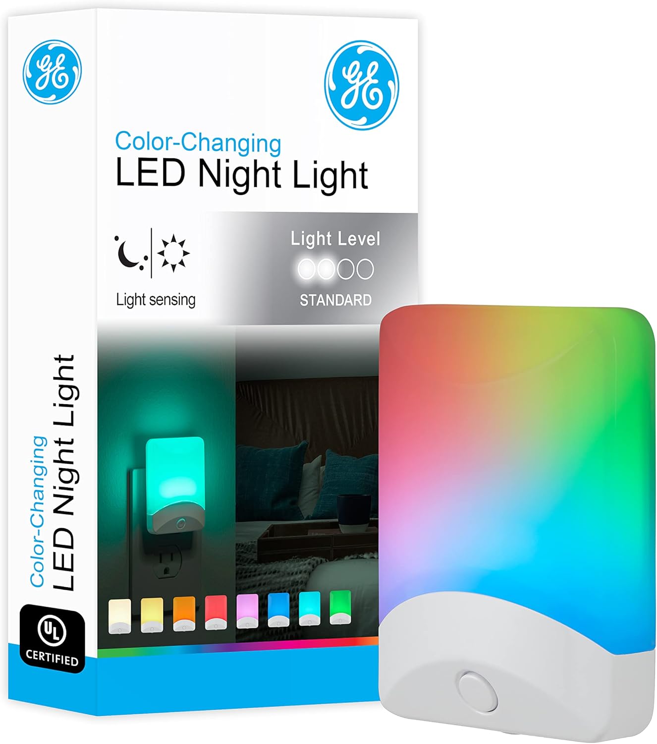 GE 34693 – Luz de noche LED cambiante, modos de color blanco y vibrante, para enchufe, sensor de atardecer y amanecer, eficiencia energética,