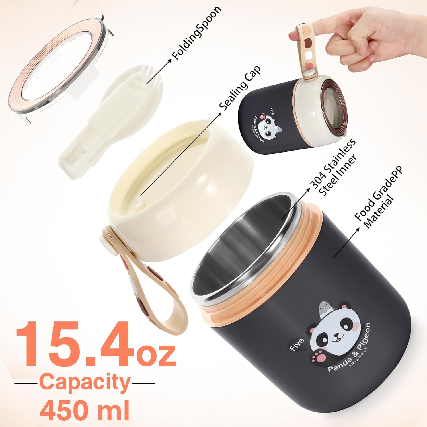 Termo de 15.4 onzas para comida caliente, tarro de alimentos aislado con cuchara plegable, lonchera de acero inoxidable para niños y adultos,