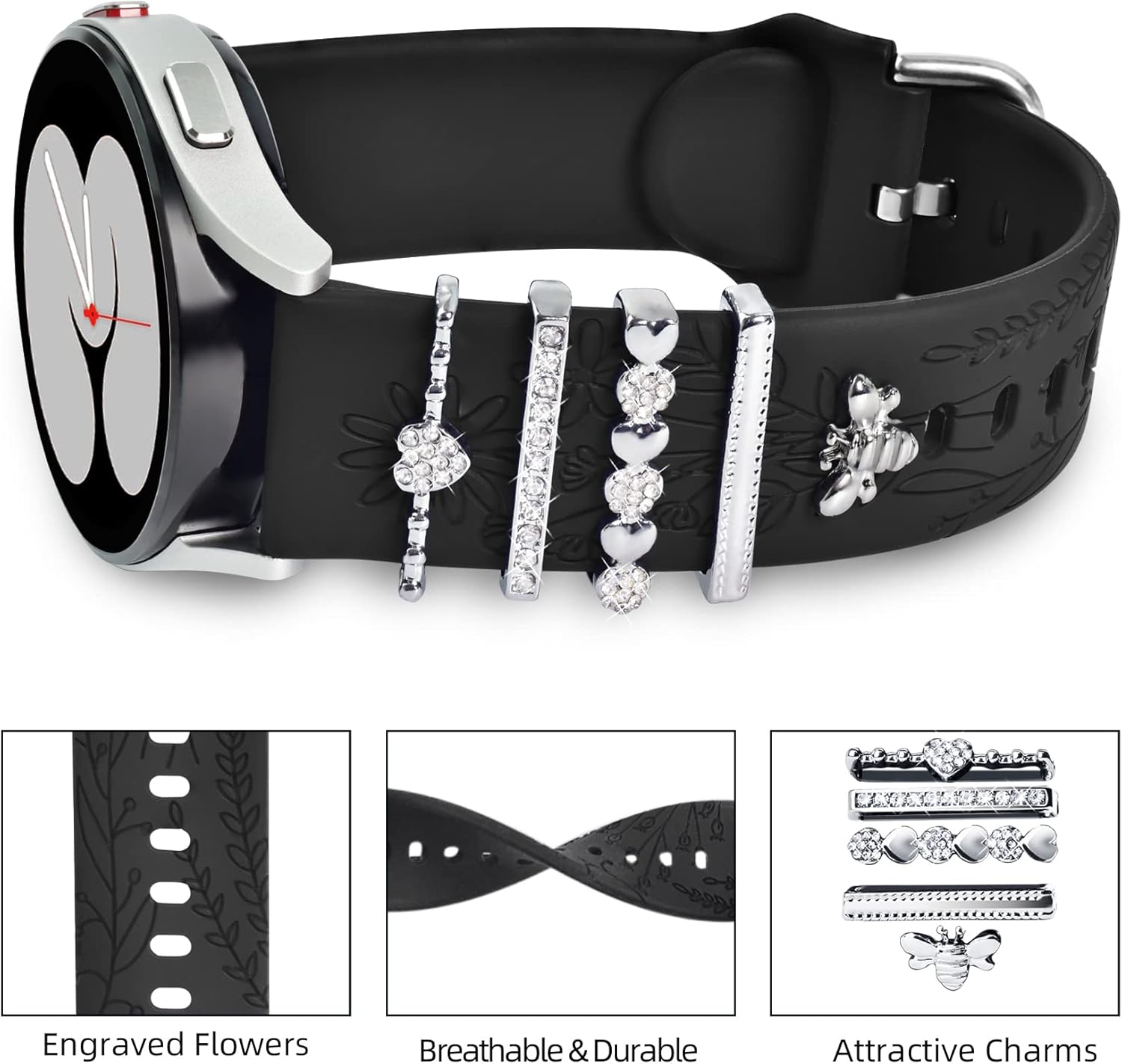 Correas para Samsung Galaxy Watch 456 con dijes, correa de silicona grabada floral de 0.787 pulgadas con anillos decorativos para reloj 6Watch 5