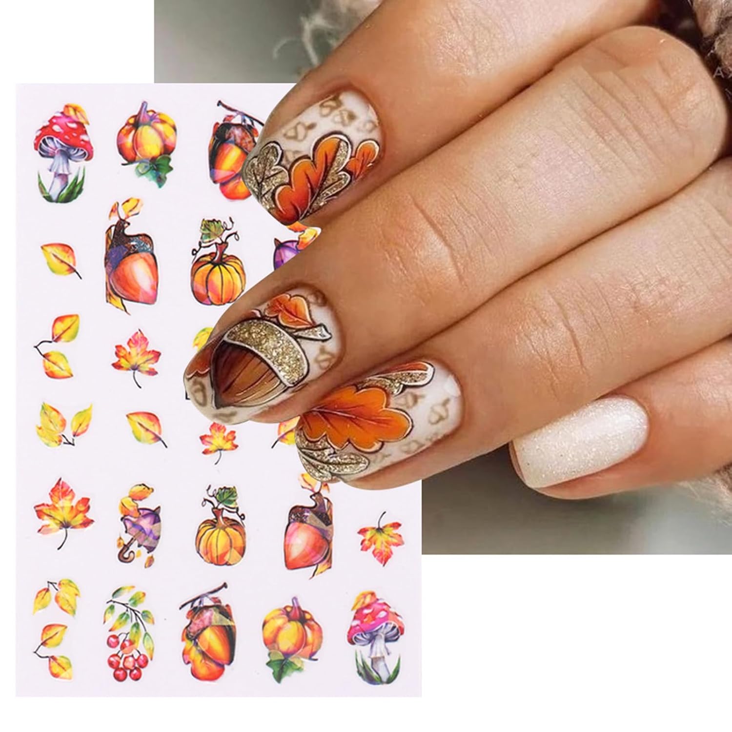 Calcomanías de uñas de otoño 3D, calcomanías de uñas de hojas de arce, suministros de arte de uñas, cono de pino, calabaza, hongo, diseño de uñas,