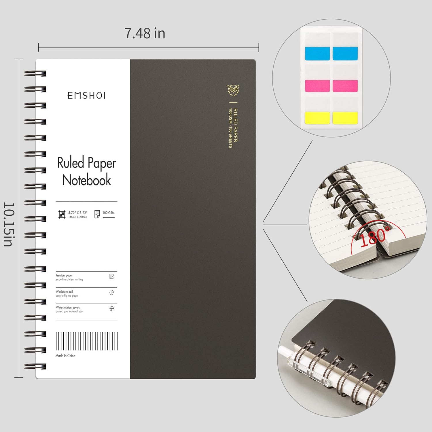 EMSHOI Cuaderno de espiral B5 con rayas universitarias, tamaño grande de 7.48 x 10.15 pulgadas, 300 páginas150 hojas, papel grueso de 3.53 ozm, tapa