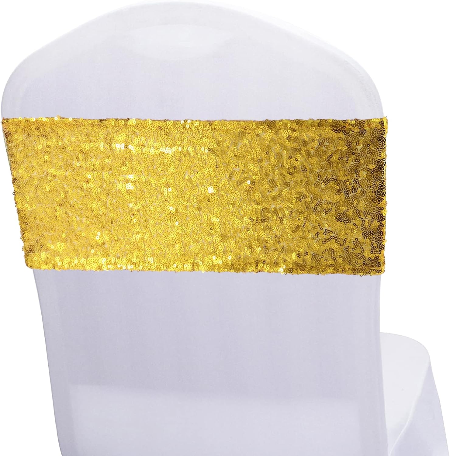 KEILEOHO Paquete de 60 bandas de lentejuelas para sillas de 14 x 6 pulgadas, lazos dorados para silla, bandas decorativas con purpurina para