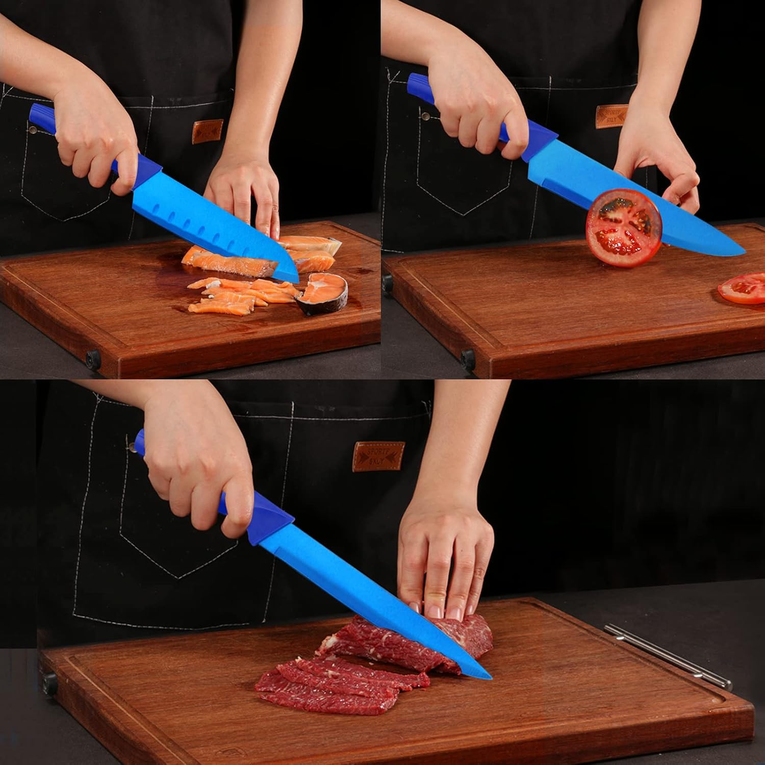 LIFVCNT Juego de cuchillos de cocina profesionales azules de 7 piezas, juego de cuchillos de carne dentados, juego de cuchillos de chef de acero