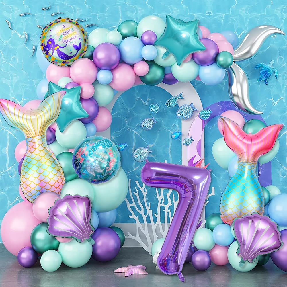 9 piezas de decoraciones de cumpleaños de sirena para niñas, el kit de suministros de fiesta de sirena incluye taid de sirena, globo número 7,