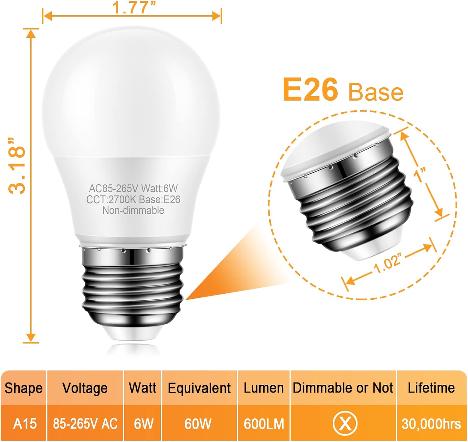 Paquete de 8 bombillas para ventilador de techo, equivalente a 60 vatios, blanco cálido 2700 K, base media E26, bombillas LED A15, bombilla LED