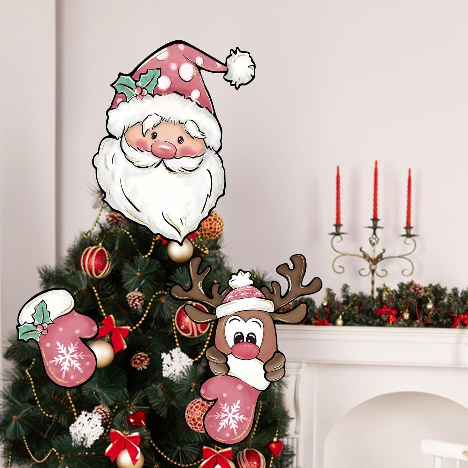 Letrero de jardín de Navidad rosa con diseño de Papá Noel para patio, guantes de Navidad, alce, reno, adorno para decoración de árbol de patio al