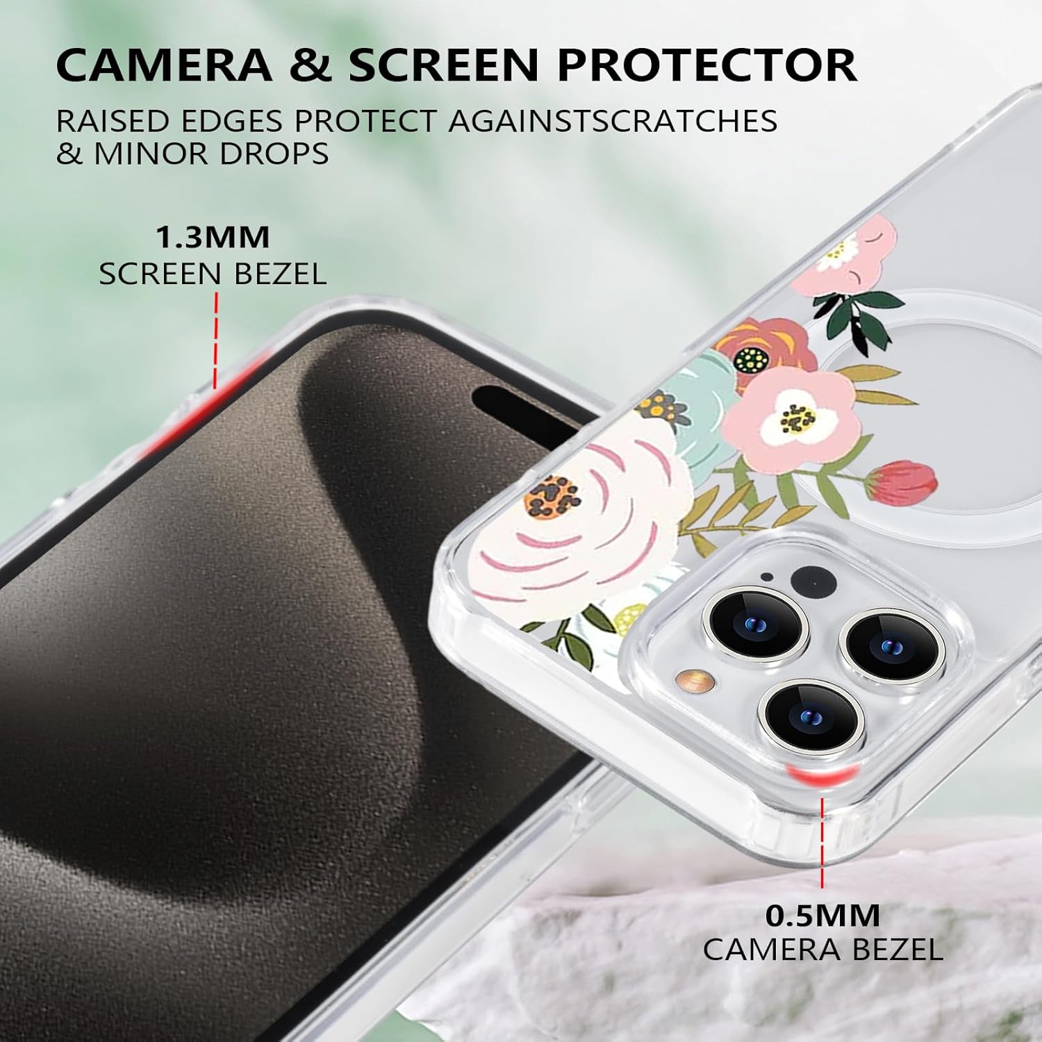 Funda magnética transparente con diseño de flores para iPhone 15 Pro compatible con MagSafe, patrón floral transparente a prueba de golpes, parte
