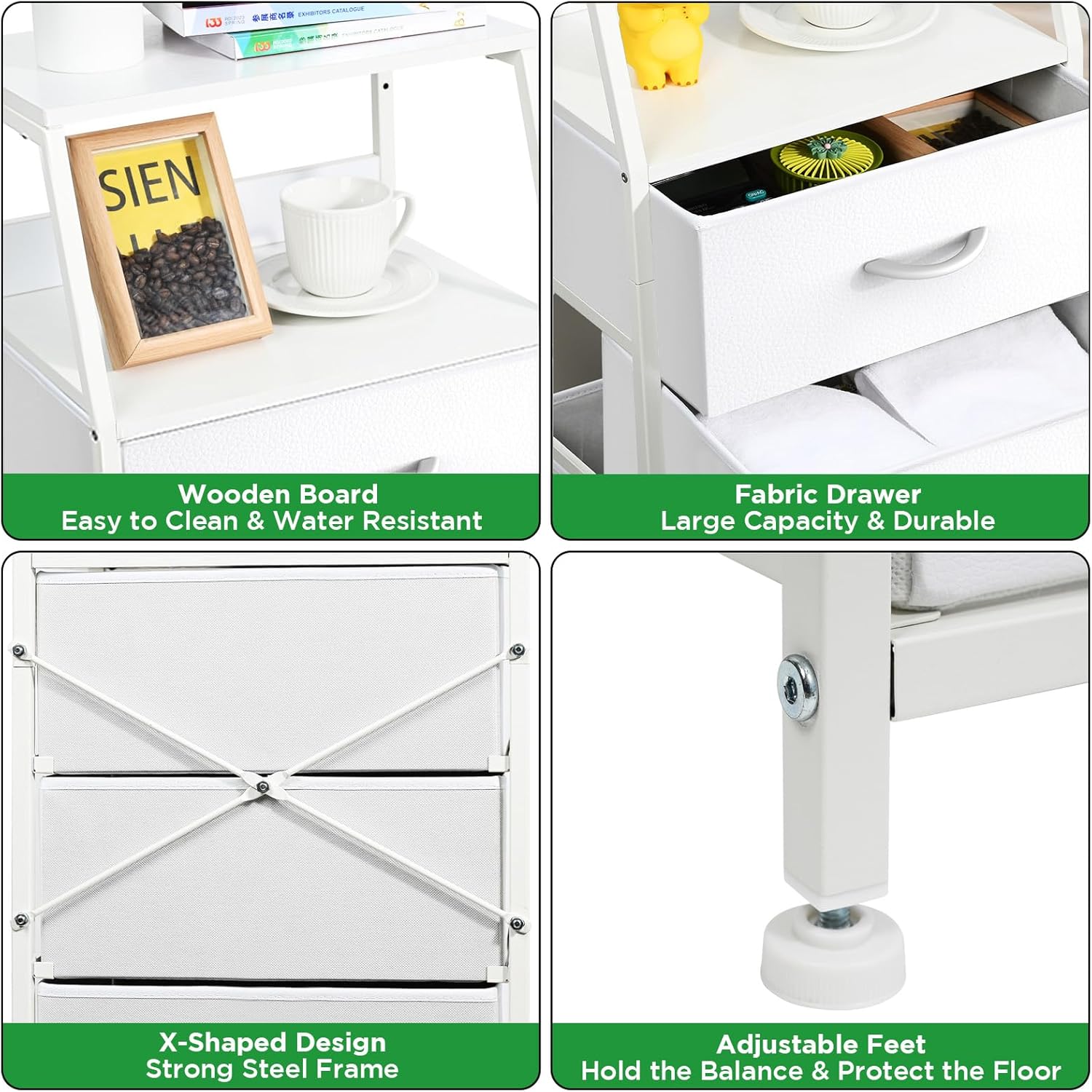 Cómoda con 4 cajones, torre de almacenamiento de tela para dormitorio, cajones de almacenamiento de ropa blanca, organizador vertical de armario