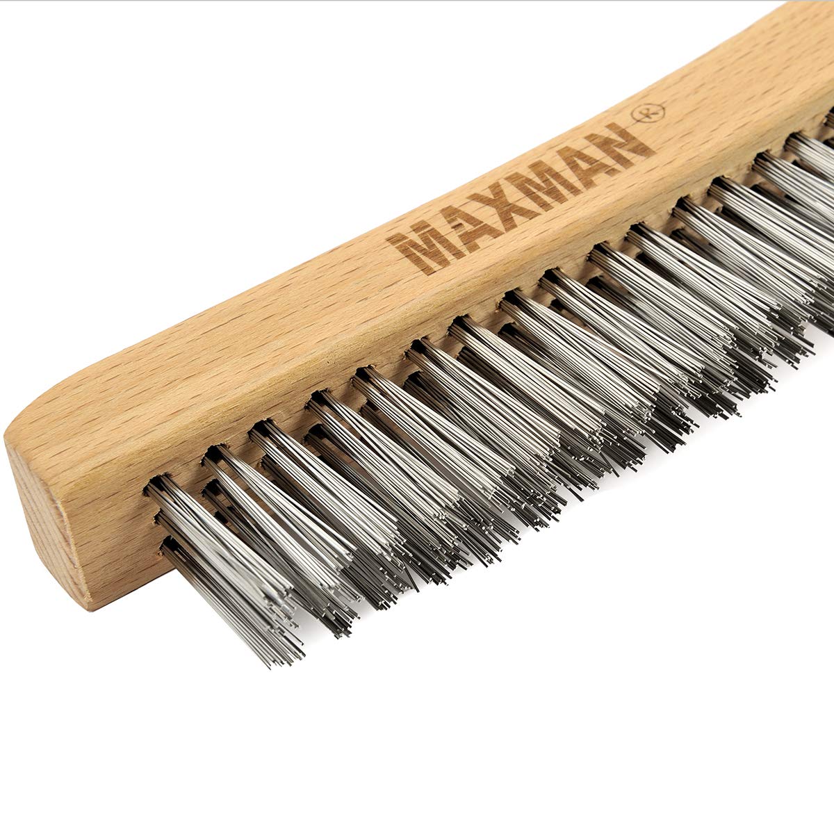 Cepillo de alambre, cepillo de alambre de acero inoxidable para limpiar el óxido con mango de madera de haya curvado de 14 pulgadas de largo, grande