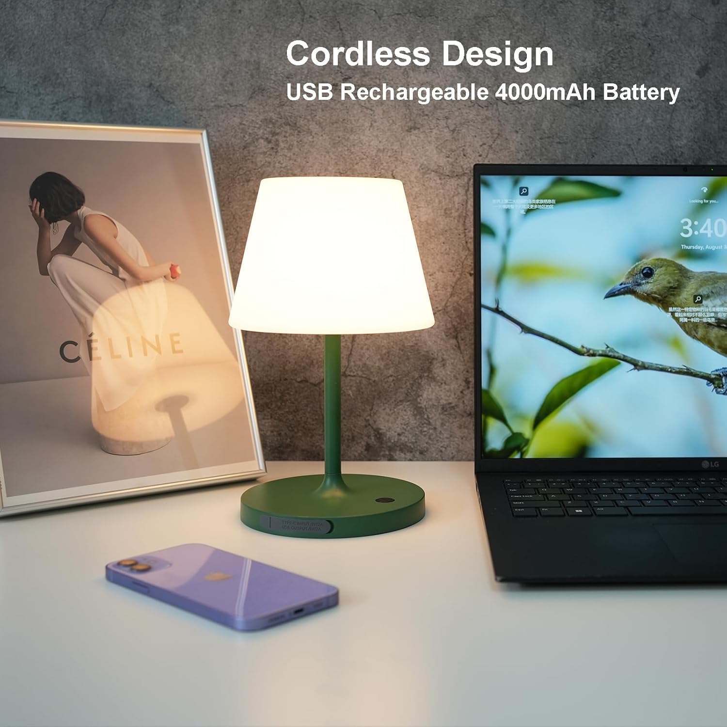 LOTITOL Lámpara de mesa para exteriores, recargable por USB, inalámbrica, 4000 mAh, LED de 2700 K, regulable al tacto, funciona con pilas