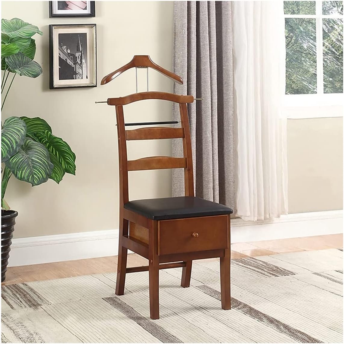 Soporte de madera para silla de valet con cajón, estante de ropa independiente con barra de pantalones y barra de corbata, soporte de valet para