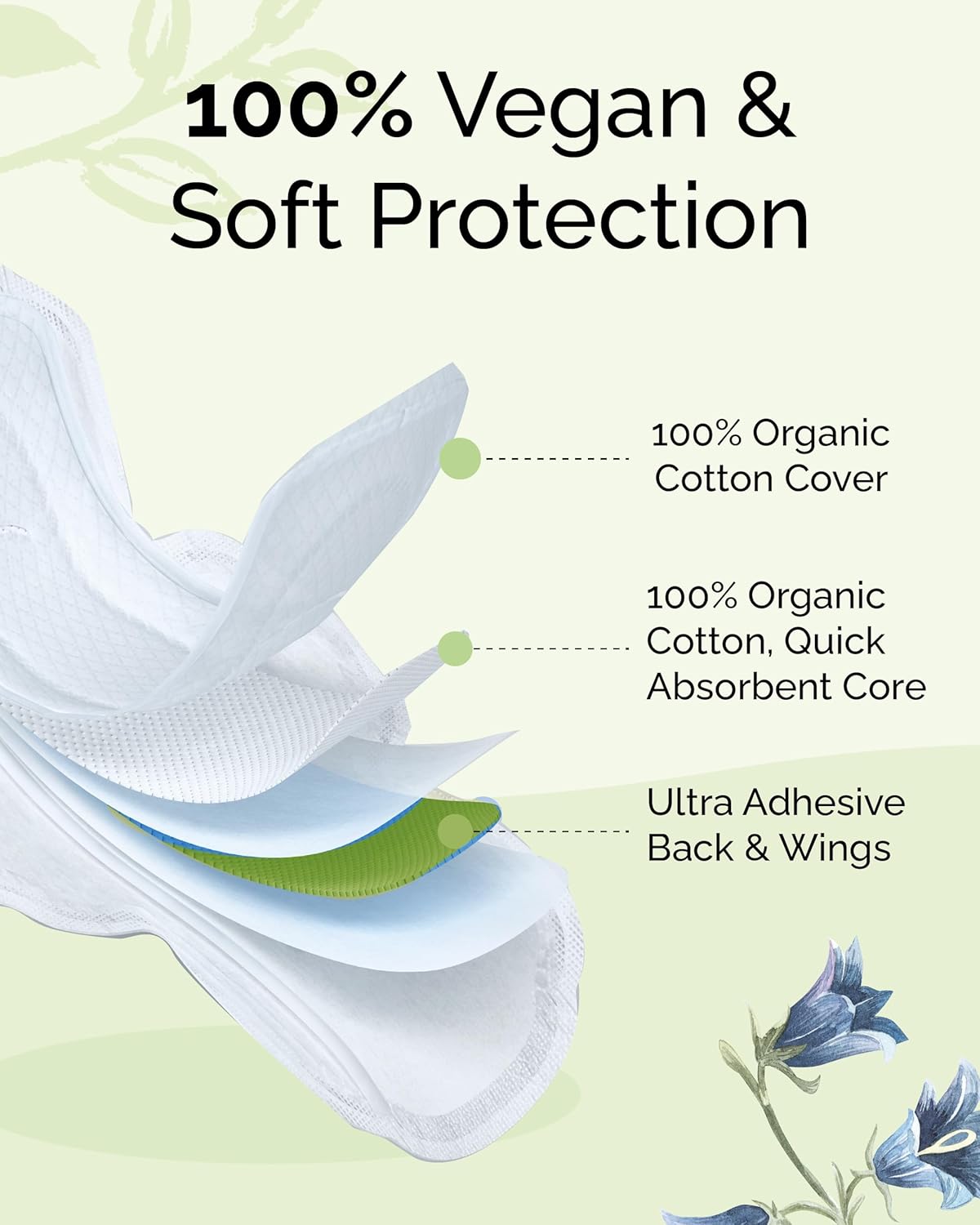 LABON – Almohadillas sanitarias orgánicas veganas de primera calidad (regular, 9.8 in, 32 unidades)  Funda de algodón 100% orgánico, núcleo y alas