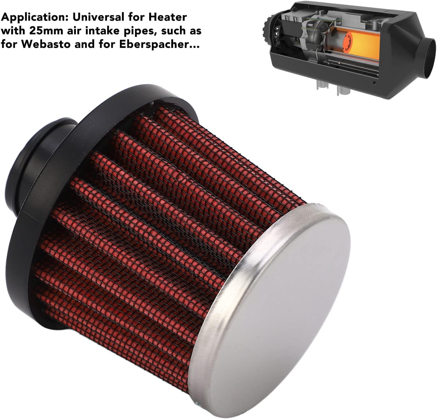 Filtro de aire de entrada universal de 0.984 in, filtro de entrada de aire con abrazadera para calentador Webasto